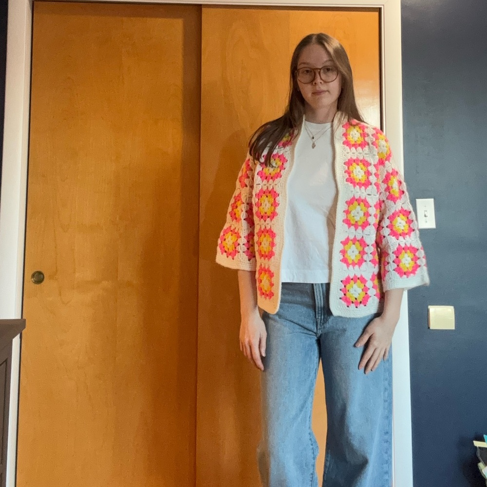 Handmade Granny Square Afghan Crochet Sweater Cardigan Pink, Yellow and White